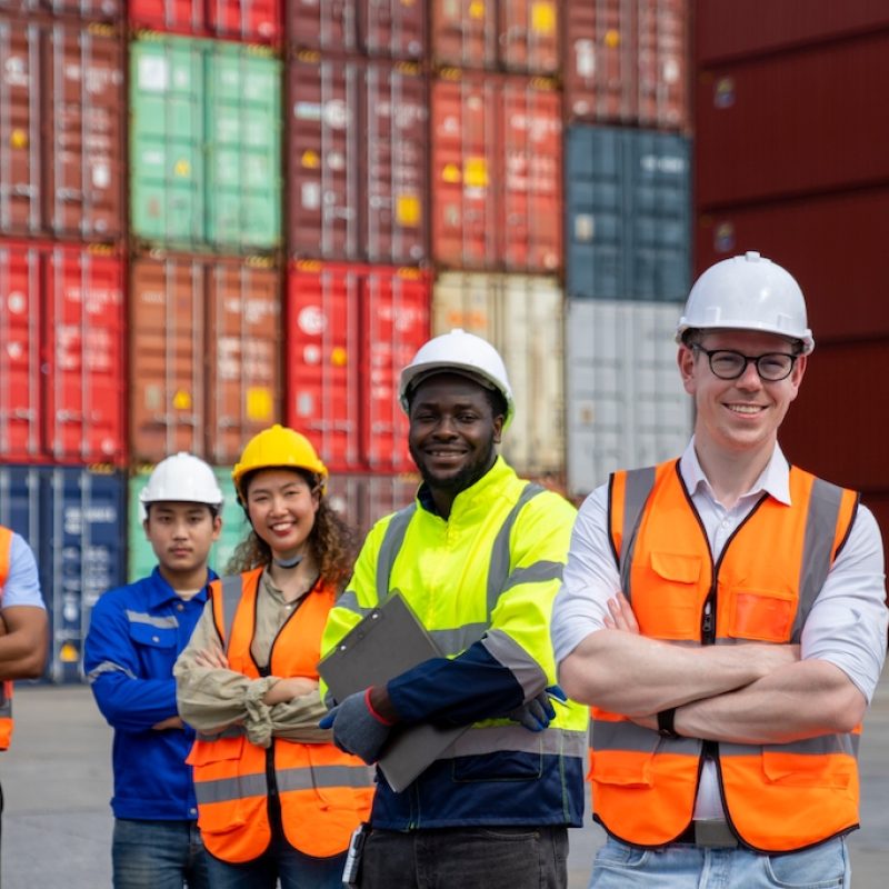 Group of engineer worker and manager standing in the shipping yard container.